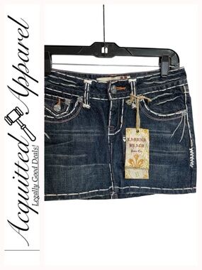 Laguna Beach Dark Whiskering Wash Denim Mini Skirt Contrast Stitching
